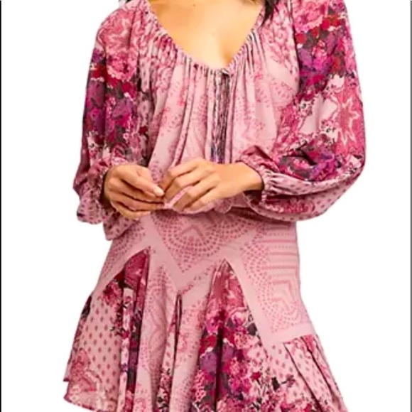 Free people seven wonders pink floral balloon sleeve ruffle hem mini dress - Picture 15 of 15